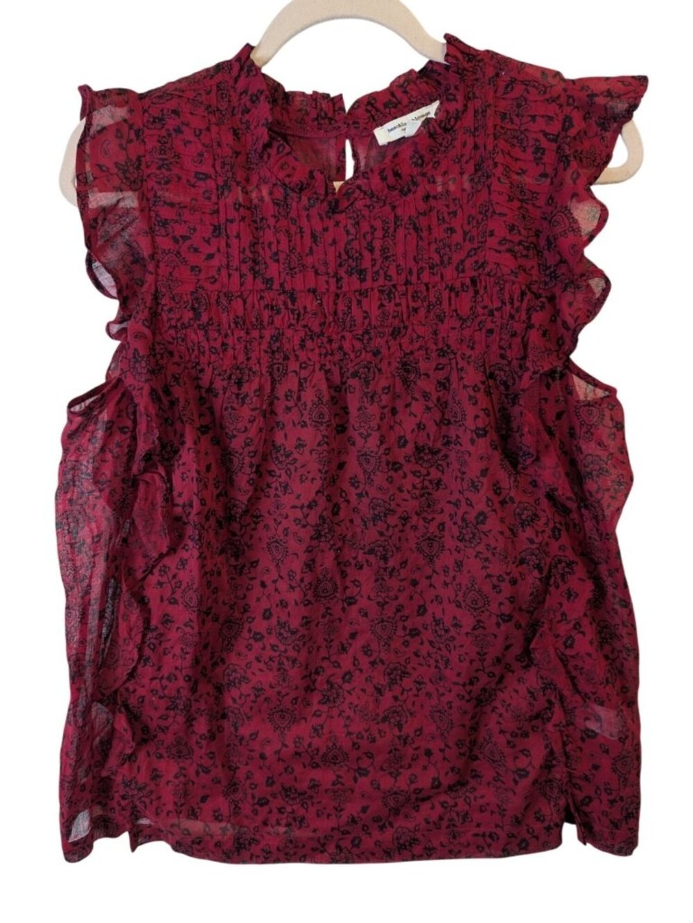 Beach Lunch Lounge M Red Floral Ruffle Sleeve Top Pleated Yoke Boho Blouse